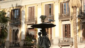 A seagull perches on the famous Fountain of the Three Graces at Plaça Reial in Barcelona. Surrounded by historic buildings, palm trees, and festive lights, this vibrant square is a must-visit. - Powered by Shutterstock - Get 15% off with code: PIKWIZARD15