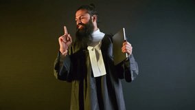 Furious lawyer taps proof book eyes blazing with rage, Bearded advocate tapping case file, Jurist raises hand declaring solid evidence, Attorney points finger at opposition, Claim for instant justice - Powered by Shutterstock - Get 15% off with code: PIKWIZARD15