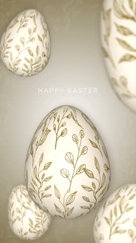 Easter greeting background with realistic white Easter eggs with golden floral pattern. Loop greeting animation. Vertical video.