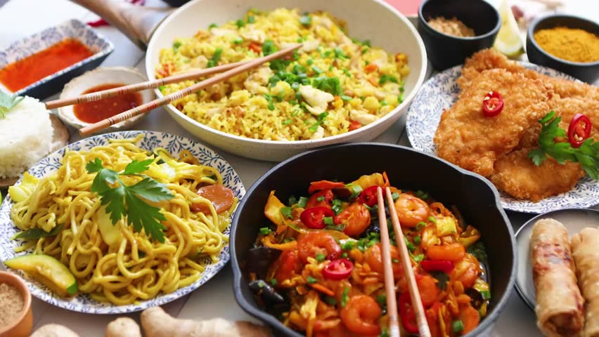 A delicious spread of Asian cuisine featuring various noodles, rice dishes, shrimp, chicken, and vegetables.