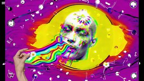 An artistic and colorful collage that showcases a vibrant face adorned with beautiful floral and rainbow elements - Powered by Shutterstock - Get 15% off with code: PIKWIZARD15