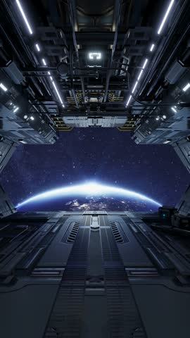 Spaceship approaching earth, sunrise view from inside