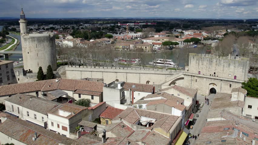 Aerial flyover above the medieval village of Aigues Mortes in Le Gard, South France