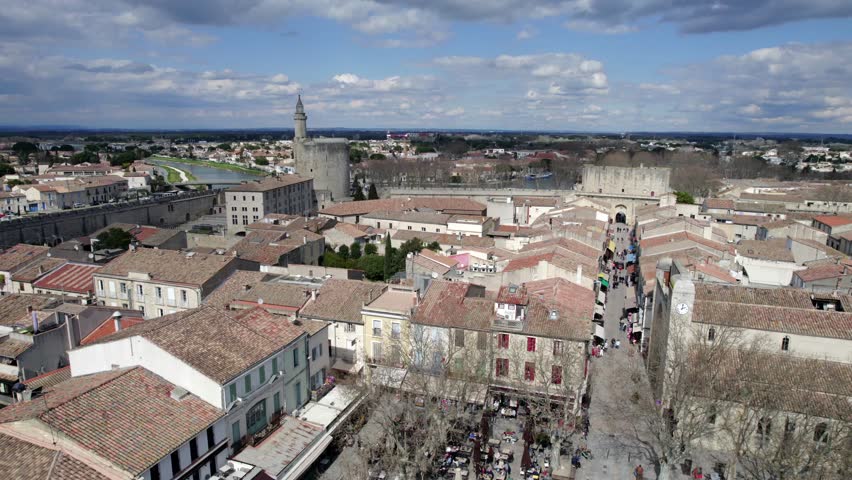 Aerial flyover above the medieval village of Aigues Mortes in Le Gard, South France