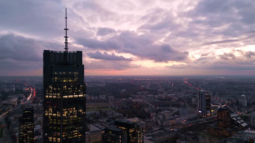Drone view of the old town and the city center with skyscrapers in Warsaw, Poland