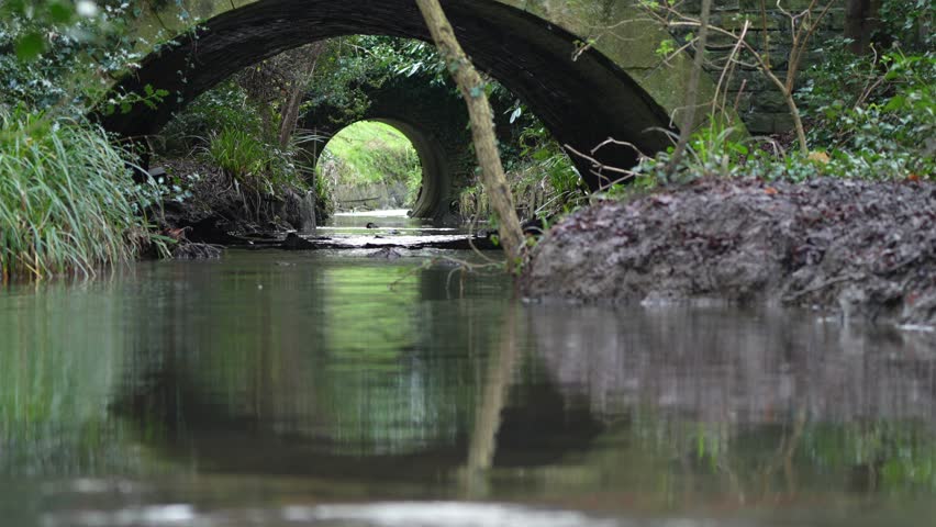 Liley Brook Stream Flowing Under Arched Bridge near Cox’s Meadow, Cheltenham, UK