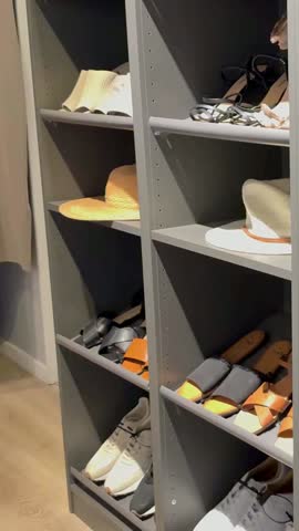 Neatly arranged shoes and hats on shelves