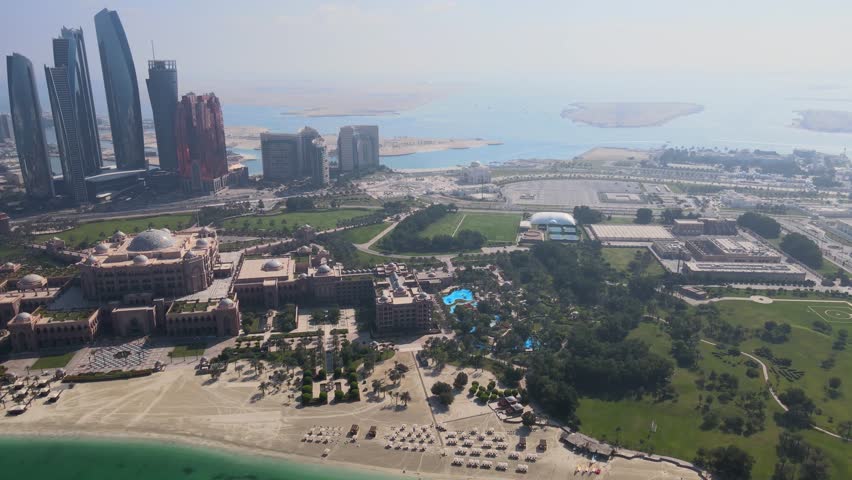 Abu Dhabi - UAE Corniche (Break Water) and Marina, Ettihad Towers, Marina Mall and Presidential Palace - Drone Video