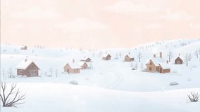 Winter Countryside Vista: Animated Landscape of Snow-Covered Houses and Bare Trees Under a Light Sky with Snow Flurries - Powered by Shutterstock - Get 15% off with code: PIKWIZARD15