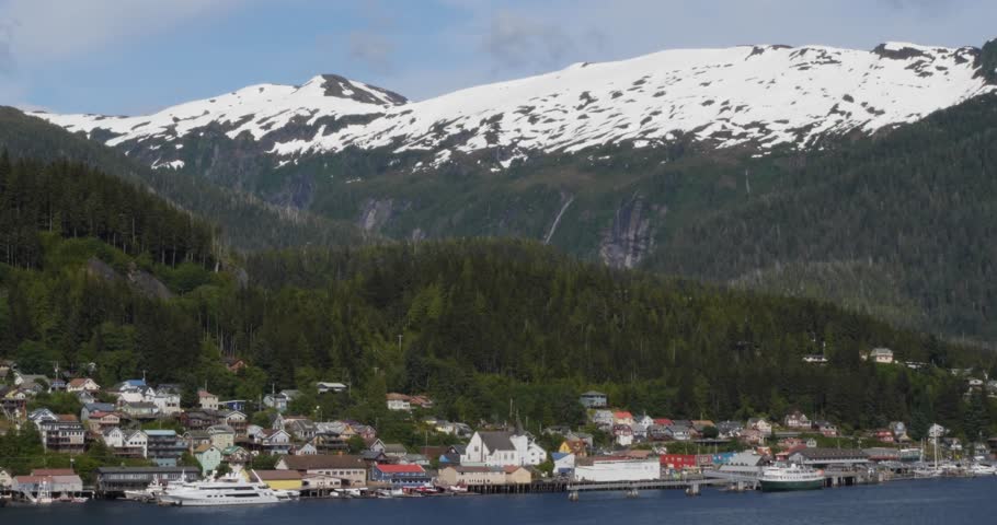 Ketchikan, Alaska seen from Tongass Narrows in a sunny summer day.