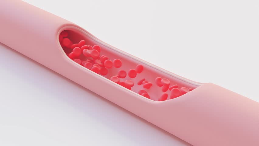 Red blood cells flow inside blood vessel, Fat or foreign objects to hinder the way. cross section artery view. Medical scientific and Minimal concept. Animation, 3D Render.
