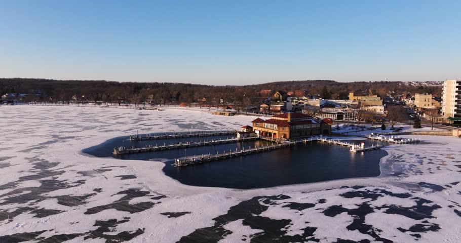 Beautiful Aerial View Above Pier at Lake Geneva, Wisconsin. Winter