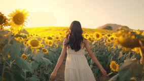 Free asian woman walking on yellow sunflower field. Happy young woman walk through field of a blooming sunflower during summer day. Freedom leisure concept. Slow motion. - Powered by Shutterstock - Get 15% off with code: PIKWIZARD15