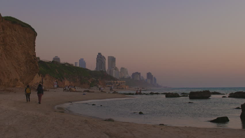  Netanya coastline. view of the city and the sea. Mediterranean coast at sunset. Netanya. Israel.