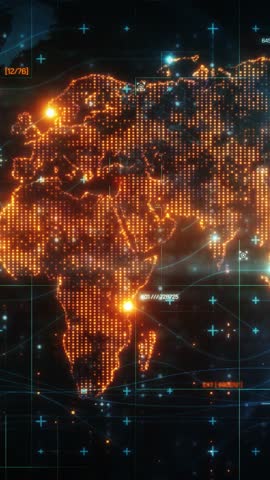 Orange glowing world map with data flowing and connections between continents, on a dark background