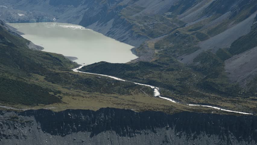 Close view of Hooker Lake from sealy Tarns viewpoint on a clear sunny summer day in Mount Cook National Park, New Zealand.