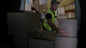 Stacking boxes in warehouse, worker with digital clock animation overlay. Logistics, operations, supply chain, time management, productivity, efficiency - Powered by Shutterstock - Get 15% off with code: PIKWIZARD15