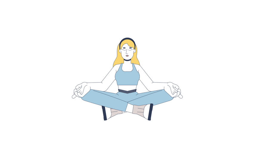 Blonde woman meditating in lotus pose 2D character animation. Mindfulness, inner balance. Female meditation. Peaceful breathing yoga girl animated person cartoon 4K video isolated on white transparent