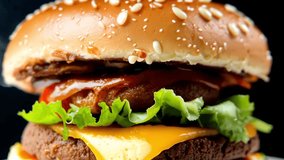 Yummy fast food burger close up. Hot tasty hamburger background. Unhealthy junk food concept. Fresh cheeseburger closeup. Lunch snack delivery. Delicious juicy fastfood. Macro view. Beef restaurant. - Powered by Shutterstock - Get 15% off with code: PIKWIZARD15