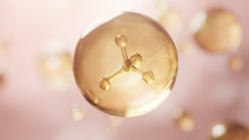 Collagen serum molecules in a luxurious golden liquid, representing deep skin hydration and anti-aging benefits. A stunning 3D animation visualizing skincare technology in action.