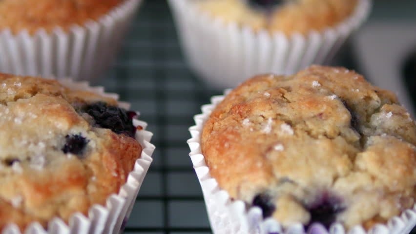 Row Of Blueberry Muffins Freshly Baked Ready To Eat, CLOSE UP