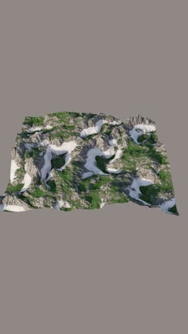 Detailed 3D relief map featuring rock formations and snowy, stony landscapes. Vertical video. Seamless loop. 3D rendering. Gray background.