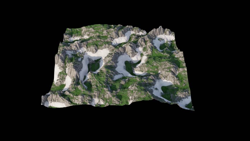 3D relief map with geographic features, including rock formations and snowy, stony terrains. Seamless loop. 3D rendering. Black background.
