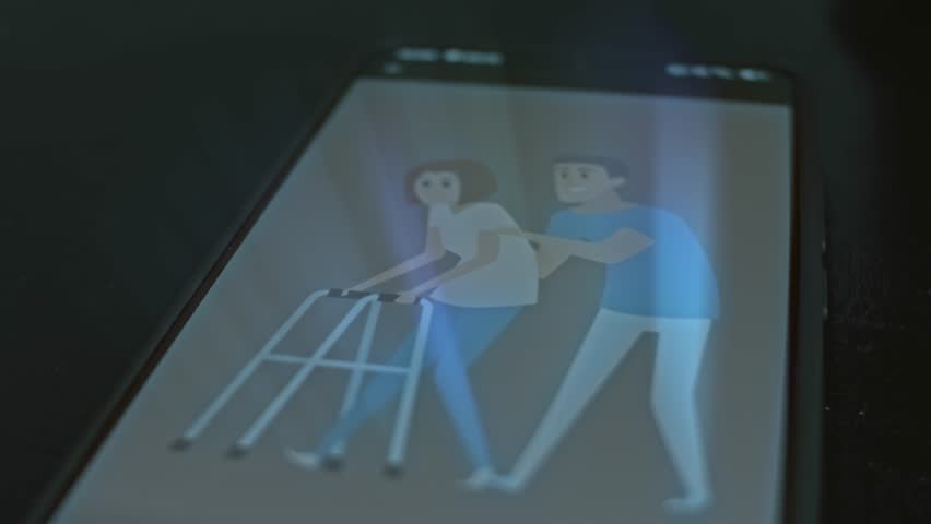 Disabled woman walking using a walker and helped by medical assistant, presentation