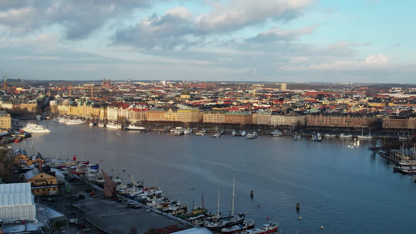 Drone view of downtown of Stockholm, Sweden in Winter.