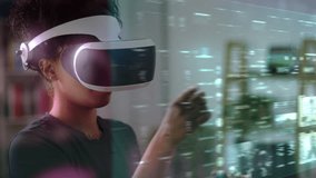 Young African American Woman Checking Social Media Posts and Videos on Her Hi Tech Virtual Augmented Reality Glasses. Holographic Screens Appearing in VR Headset. Metaverse. - Powered by Shutterstock - Get 15% off with code: PIKWIZARD15