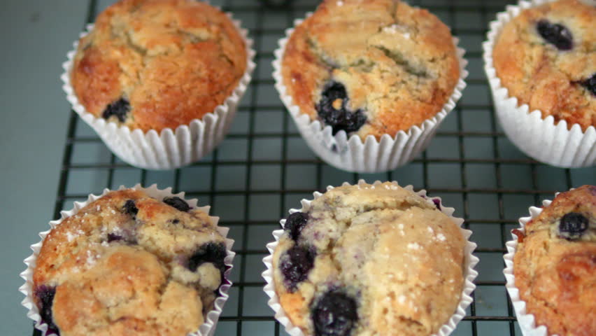 Row Of Homemade Blueberry Muffins Cooked Fresh, SLOW MOTION
