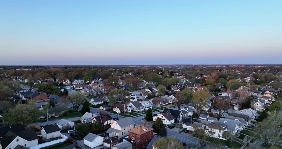 Aerial view of Nebraska neighborhoods at sunrise