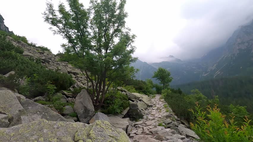 Tatranska magistrala between Strbske Pleso and Popradske pleso in High Tatras mountains in Slovakia during cloudy summer morning