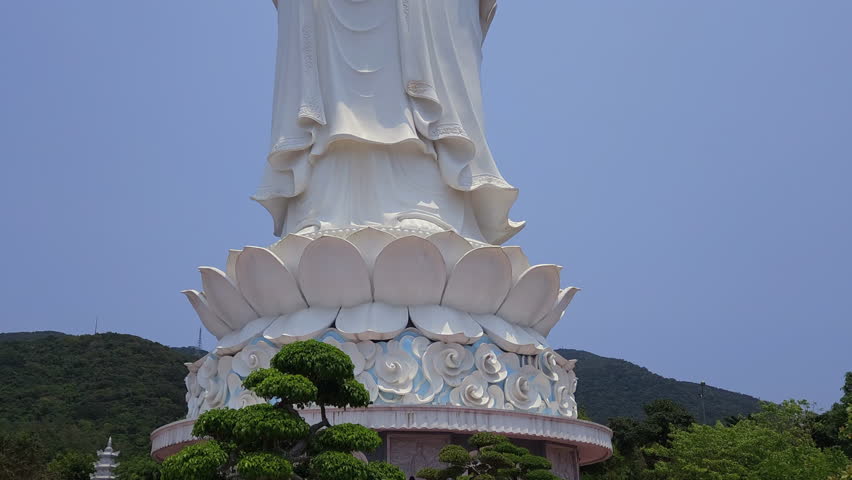 Da Nang, Vietnam – April 06 2024: The white Lady Buddha or Goddess of Mercy statue in Son Tra Linh Ung Pagoda, the tallest buddha sculpture in Vietnam