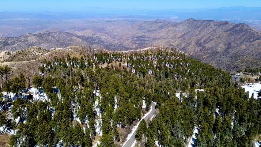 View of Mt. Lemmon, Arizona, with the Catalina Scenic Highway, snow, near the Ski Valley, with snowy trees near Tucson, desert mountains in view, Pima County, near Oro Valley, Sahuarita, Green Valley