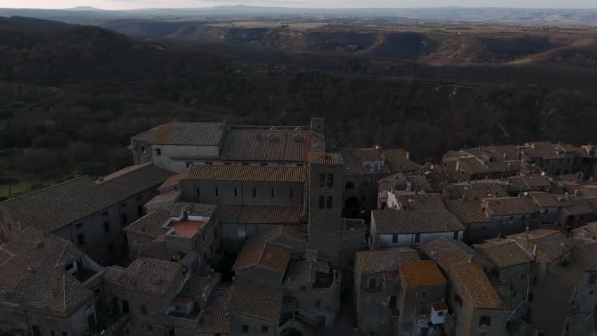 Historic city of Bomarzo, surrounding landscape, Italy. Aerial orbiting