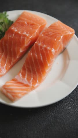 Salmon red fish organic seafood tasty fresh gourmet food background on table rustic food top view copy space pescetarian diet