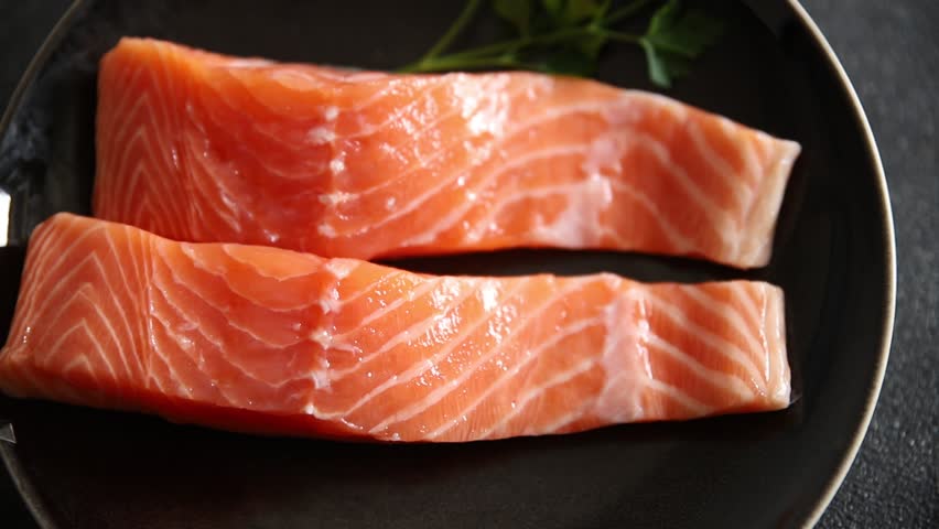 Salmon red fish organic seafood tasty fresh gourmet food background on table rustic food top view copy space pescetarian diet