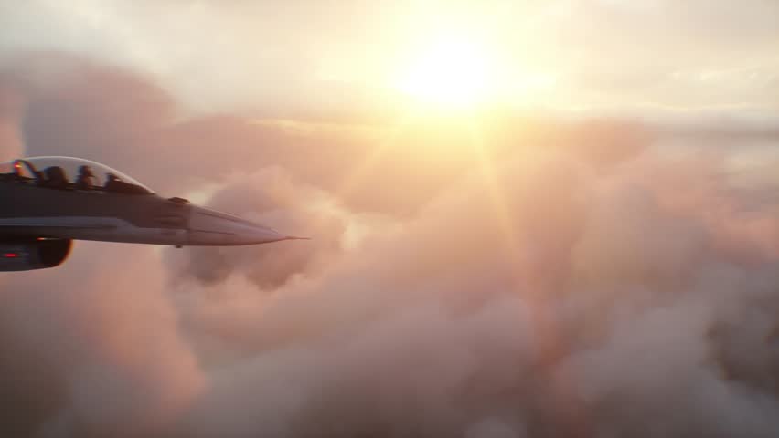 Military fighter jet F-16 flying over clouds. Air force.