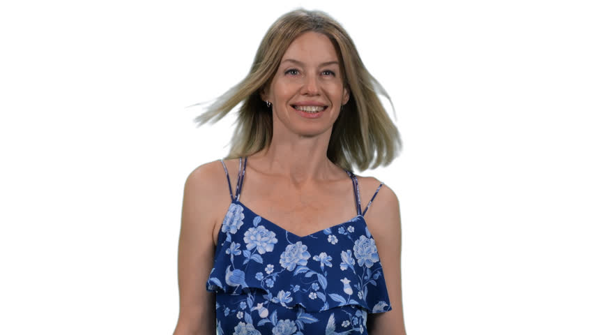Portrait of smiling mid adult woman wearing blue dress, Slow motion, Full HD footage with alpha transparency channel isolated on white background