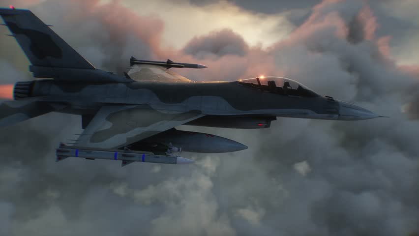 Military fighter jet F-16 flying over clouds. Air force.