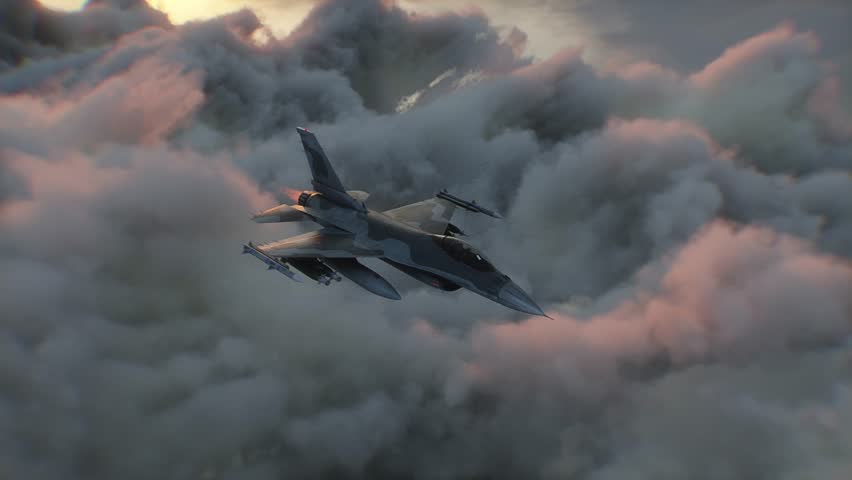 Military fighter jet F-16 flying over clouds. Air force.