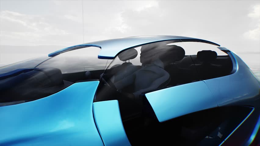 Futuristic flying car very fast driving on desert stone highway. Futuristic concept.