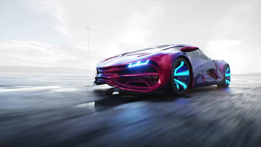 Futuristic electric car very fast driving on desert stone highway. Futuristic concept.