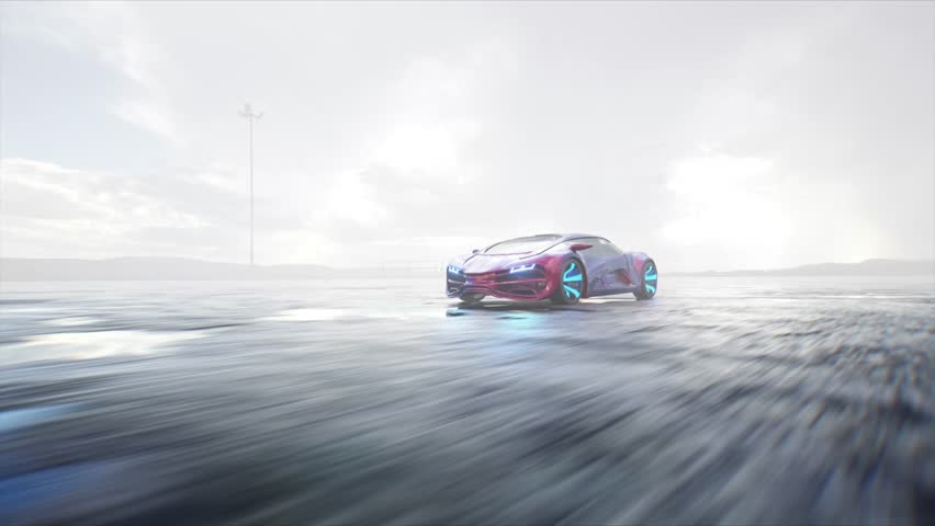 Futuristic electric car very fast driving on desert stone highway. Futuristic concept.