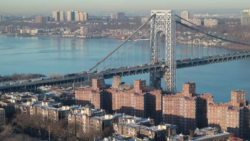 Aerial view of the George Washington Bridge. Shot along The Hudson River in Washington Heights.