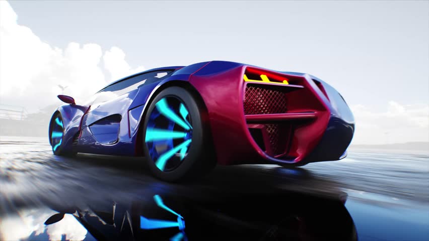 Futuristic electric car very fast driving on desert stone highway. Futuristic concept.