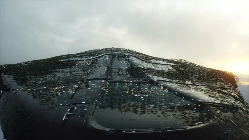 Military alien sci fi ship flying over clouds. Realistic 4k animation