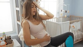 Pregnant woman with headache sitting on a bed in a cozy bedroom, holding her belly with baby decor around, capturing a blend of beauty and pain in a nurturing home setting. - Powered by Shutterstock - Get 15% off with code: PIKWIZARD15