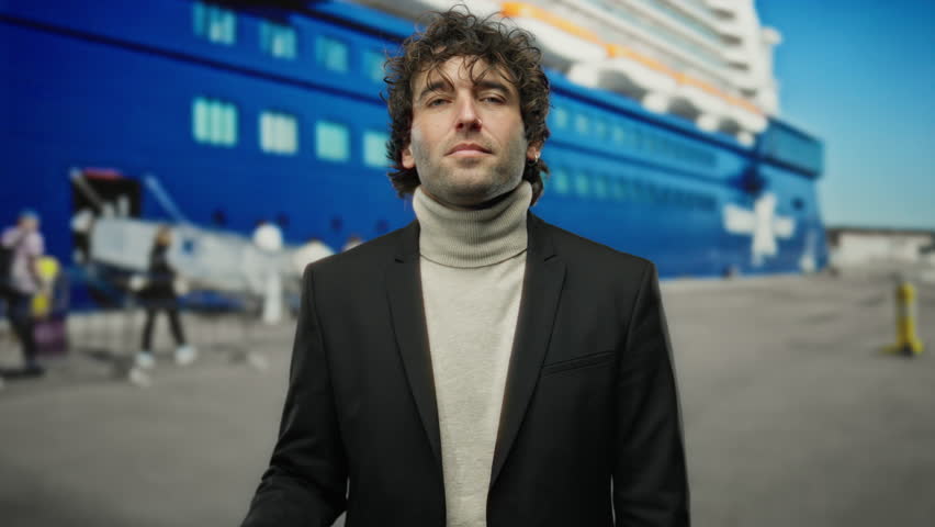 Hispanic man holding thai banknotes smiling outdoors near a cruise ship at a seaside port, capturing a moment of financial excitement by the ocean.